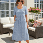 3/4 Sleeves Comfy Casual Striped Crew Neck Midi Dress - Image 4