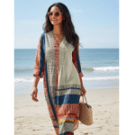 Vintage Geometric Line Art Print V-neck Long Sleeve Dress - Image 2