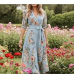 Blue V-Neck Short Sleeve Midi Dress