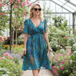 Special Blue V-neck Short Sleeve Midi Dress - Image 3