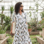 V-neck Half Sleeve Leaf Print Midi Dress - Image 3