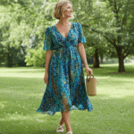 Special Blue V-neck Short Sleeve Midi Dress - Image 4