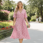 Pink Side Pocket V-neck Short Sleeve Summer Dress - Image 5