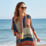 Vintage Geometric Line Art Print V-neck Long Sleeve Dress - Image 7