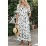 V-neck Half Sleeve Leaf Print Midi Dress